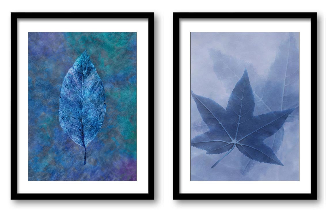 Navy Blue Leaves Leaf Bathroom Art Print Colorful Set of 2 Elegant Watercolor Painting Wall Decor Fl