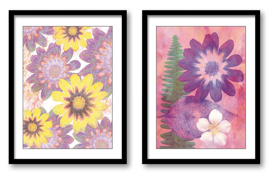 Purple Flower White Pink Yellow Fern Leaf Bathroom Art Print Set of 2 Elegant Watercolor Painting Wa