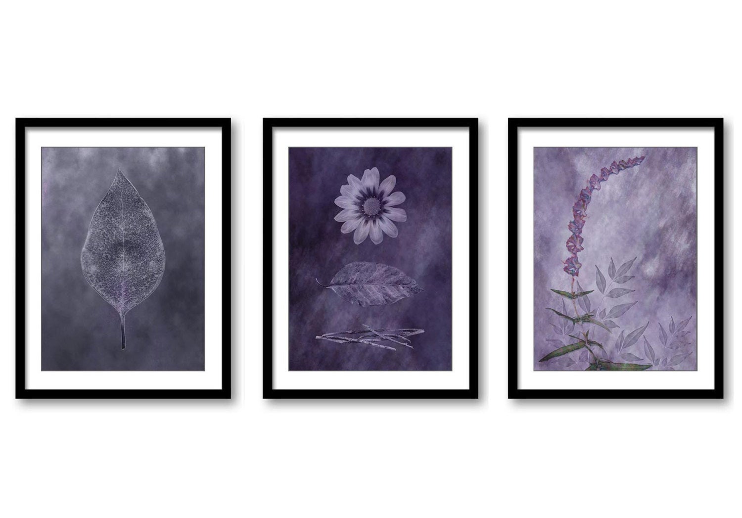 Purple Lavender Flower Leaf White Botanical Bathroom Art Print Set of 3 Elegant Watercolor Painting 