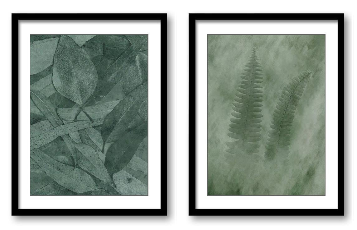 Green Leaves Leaf Furn Bathroom Art Print Colorful Set of 2 Elegant Watercolor Painting Wall Decor F