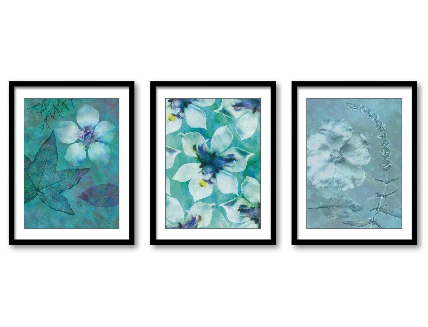 Teal Blue Green White Flower Botanical Bathroom Art Print Set of 3 Elegant Watercolor Painting Wall 