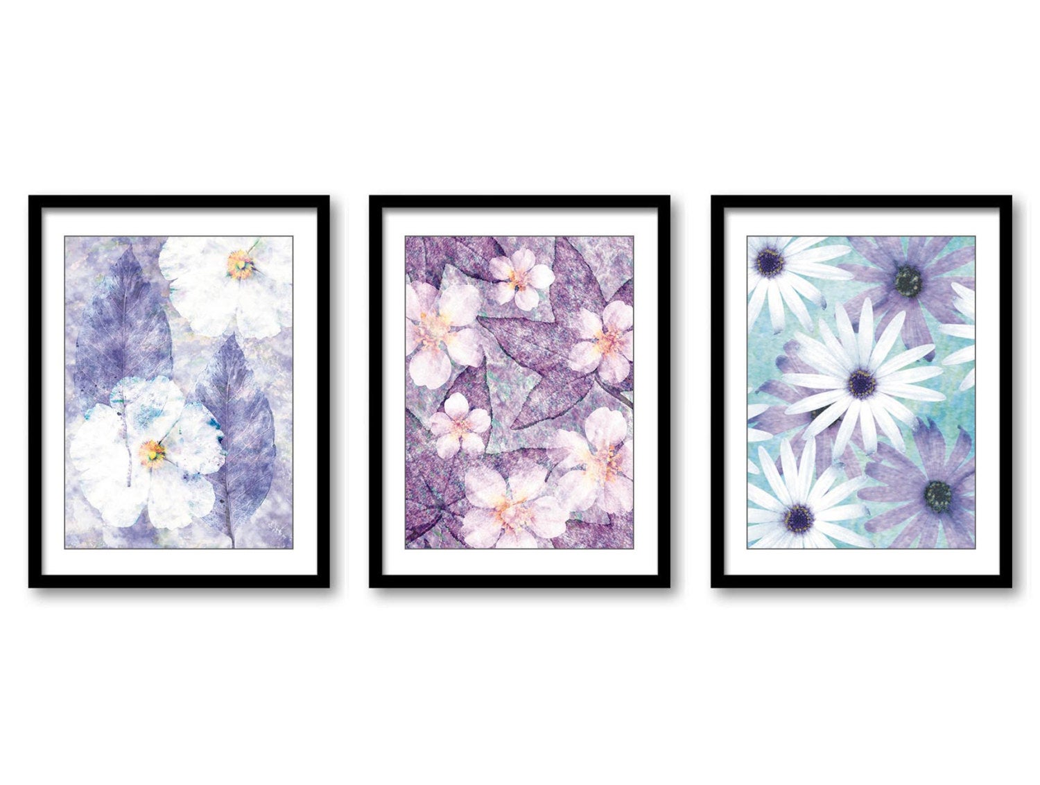 Purple White Daisy Flower Leaf Botanical White Bathroom Set of 3 Brown Elegant Watercolor Painting W