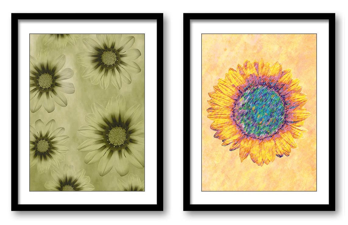 Yellow Flower Daisy Sunflower Bathroom Art Print Colorful Set of 2 Elegant Watercolor Painting Wall 