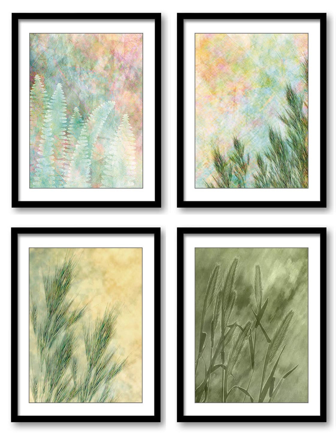 Yellow Flower Wheat Field Bathroom Art Print Brown Purple Colorful Set of 4 Elegant Watercolor Paint