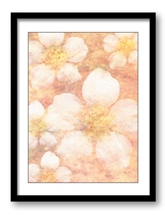 White Flowers Pink Coral Peach Bathroom Art Print Modern Elegant Watercolor Bathroom Wall Decor Flow