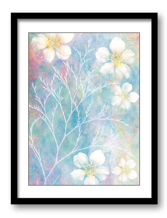 White Lavender Flowers Blue Bathroom Art Print Pink Modern Elegant Watercolor Bathroom Wall Decor Fl