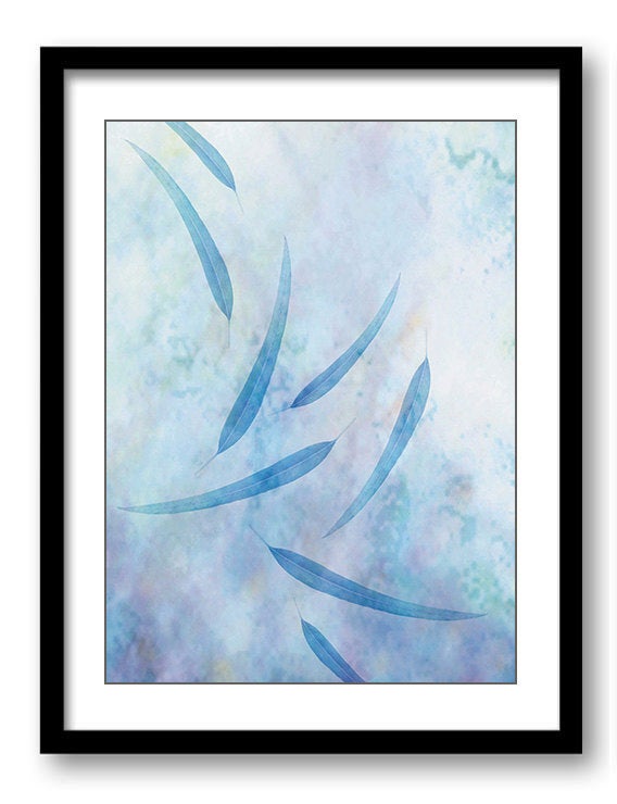 Blue Leaves Leaf Abstract Bathroom Art Print Nature Landscape Modern Elegant Watercolor Bathroom Wal