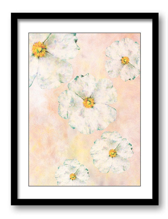 White Flowers Pink Coral Peach Bathroom Art Print Modern Elegant Watercolor Bathroom Wall Decor Flow