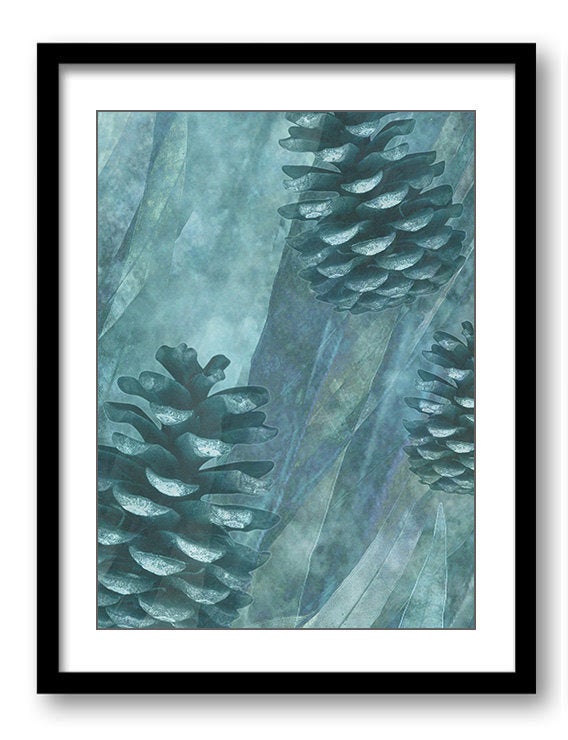 Teal Blue Green Tree Pine Cones Bathroom Art Print Abstract Nature Landscape Modern Elegant Watercol