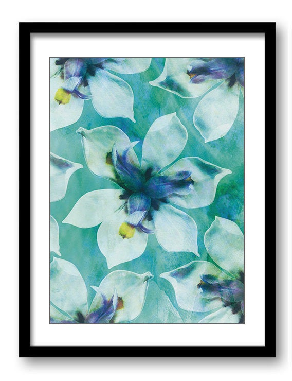 Teal Green White Orchid Flower Bathroom Art Print Blue Watercolor Painting Elegant Wall Decor Flower