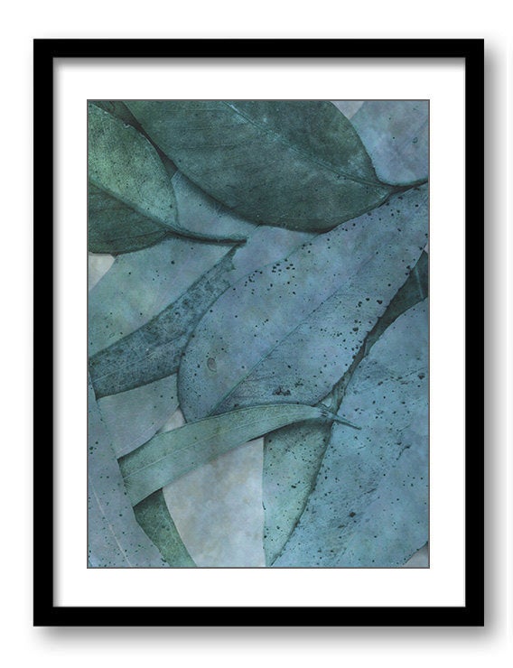 Navy Blue Green Leaves Leaf Bathroom Art Print Abstract Nature Landscape Modern Elegant Watercolor W