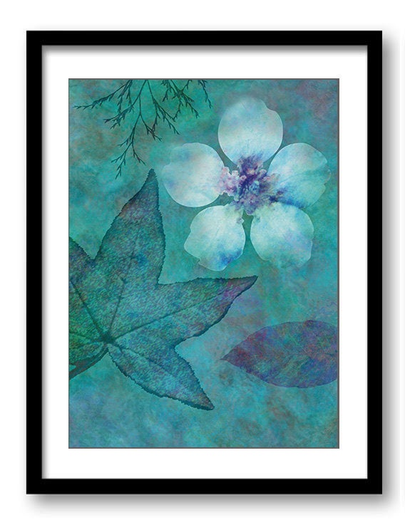 Teal Blue Green Leaves Leaf Flower Bathroom Art Print Abstract Nature Landscape Modern Watercolor Wa