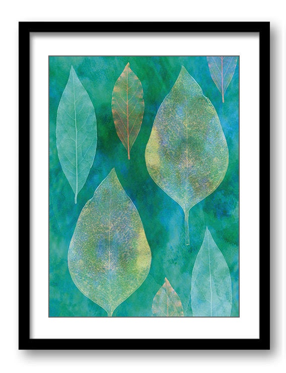 Blue Teal Green Leaves Leaf Bathroom Art Print Abstract Nature Landscape Modern Watercolor Bathroom 