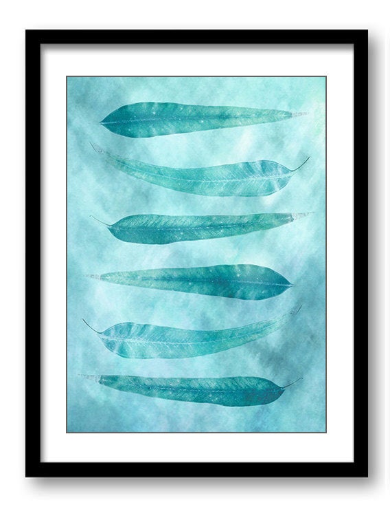 Blue Teal Green Leaves Leaf Bathroom Art Print Nature Landscape Modern Watercolor Bathroom Wall Deco