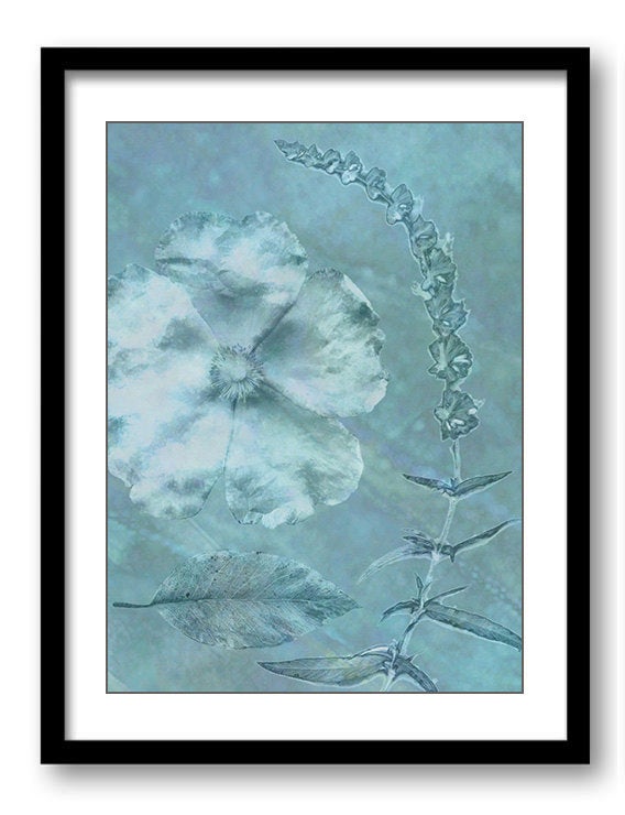 Teal Green White Flower Lavender Flowers Bathroom Art Print Blue Watercolor Painting Elegant Wall De