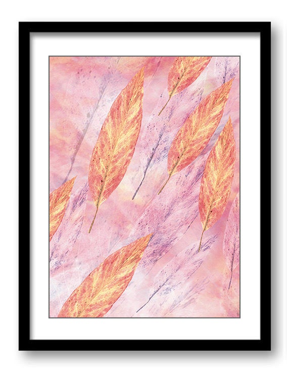 Abstract Watercolor Bathroom Wall Decor Pink Orange Coral Leaves Leaf Art Print Nature Landscape Ele