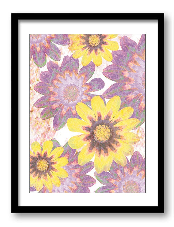 Yellow Purple Flowers Bathroom Art Print Blue Watercolor Painting Elegant Wall Decor Flower Print Be