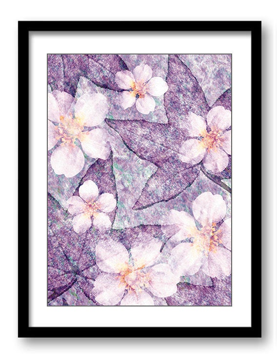 White Purple Flower Leaves Leaf Bathroom Art Print Nature Landscape Modern Elegant Watercolor Bathro