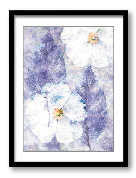 White Flower Purple Leaves Leaf Bathroom Art Print Nature Landscape Modern Elegant Watercolor Bathro