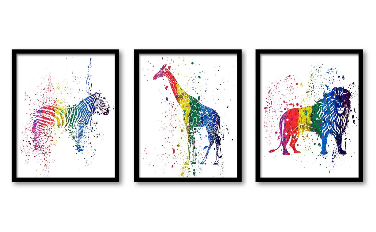 Zebra Lion Giraffe Wall Art Watercolor Painting Prints Set of 3 Home Safari Home Decor Jungle Red Bl