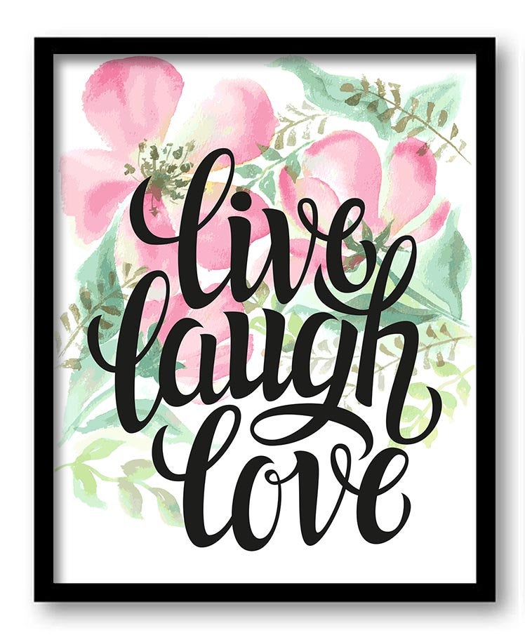 Live Laugh Love Watercolor Painting Pink Flowers Mint Green Print Poster Words Text Saying Quote Wal