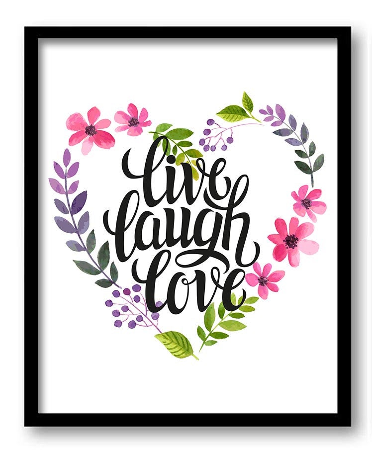 Live Laugh Love Watercolor Painting Pink Purple Lilac Flowers Heart Art Print Poster Black Words Tex