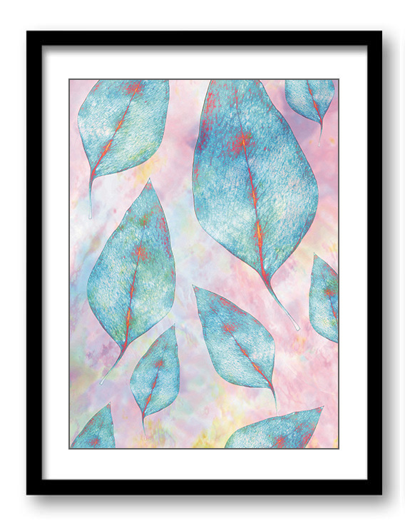 Blue Pink Leaves Leaf Bathroom Art Print Nature Landscape Modern Elegant Watercolor Bathroom Wall De